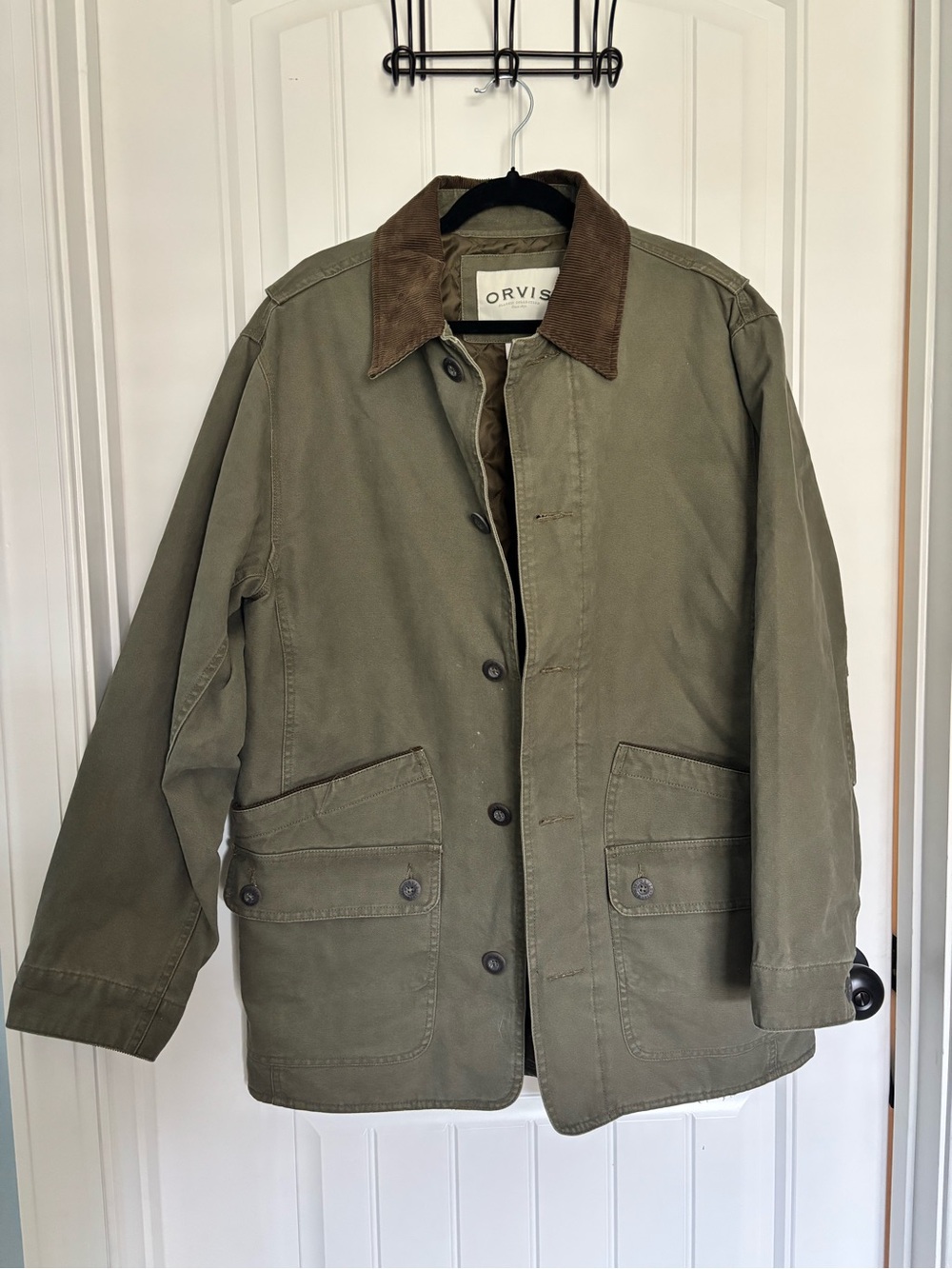 Orvis Men's Olive Green Field Jacket with Brown Corduroy Collar